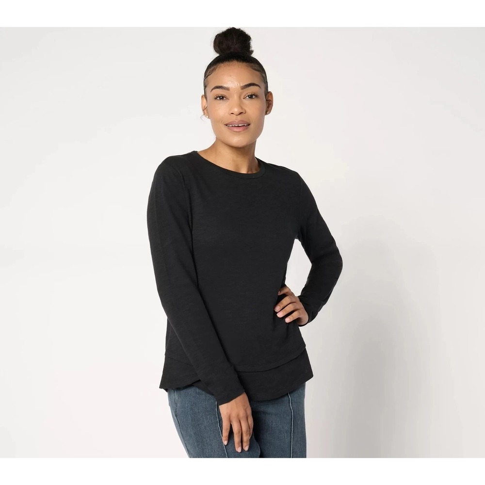 Studio Park X Amy Stran Slub Knit Long Sleeve Double Hem Top Black, size 1X #45#
